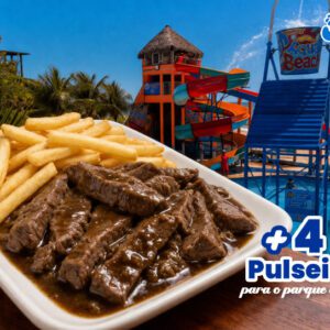 Diversão em família - Filé trinchado com fritas + 4 Passaportes para o Parque Aquático  de R$249,90 por R$199,90.