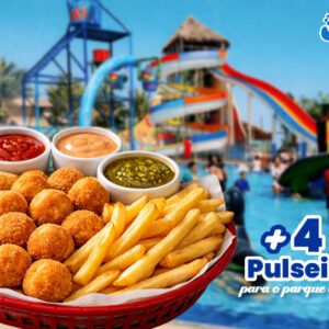 Combo Família - 4 Passaportes para o Parque Aquático + Porção de pastéis + Porção Bolinhas de queijo + Batata Frita de R$281,90 por R$199,90.