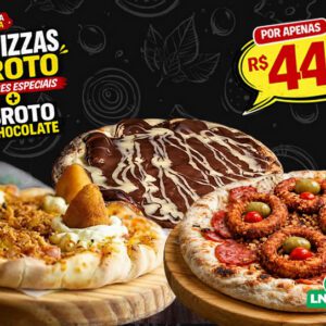Combo com 3 Mini Pizzas na LN Foods sendo 2 especiais e uma de chocolate por apenas R$44,90.