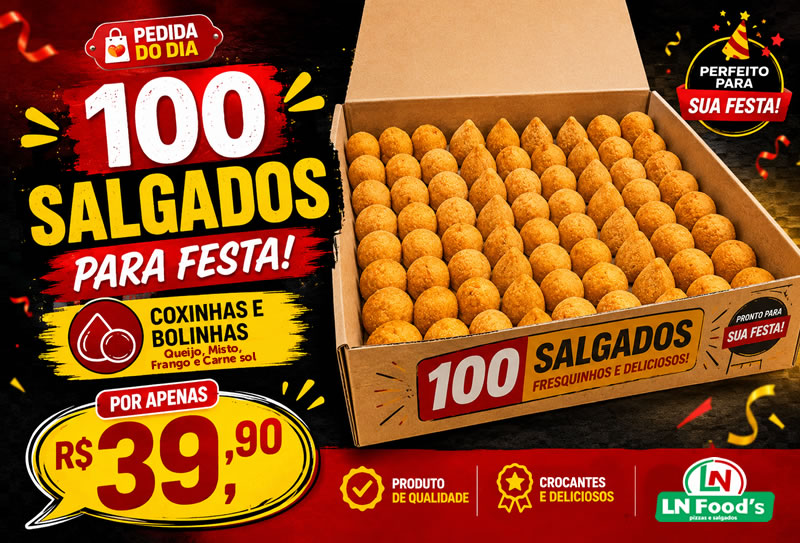 Kit contendo 100 salgadinhos para fazer a festa na LN Foods por apenas R$39,90.