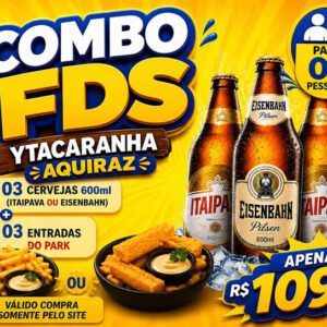 Ytacaranha Combo FDS para 02 pessoas – 02 entradas do Park + 03 cervejas 600ml + 01 porção de batata ou macaxeira por apenas R$109,90.