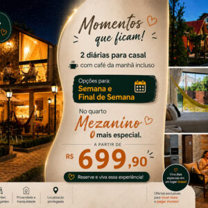 Villa Suíça Ibiapaba traz Duas Díaria Casal em: Mezanino Suiço + Café da manhã a partir de R$699,90.