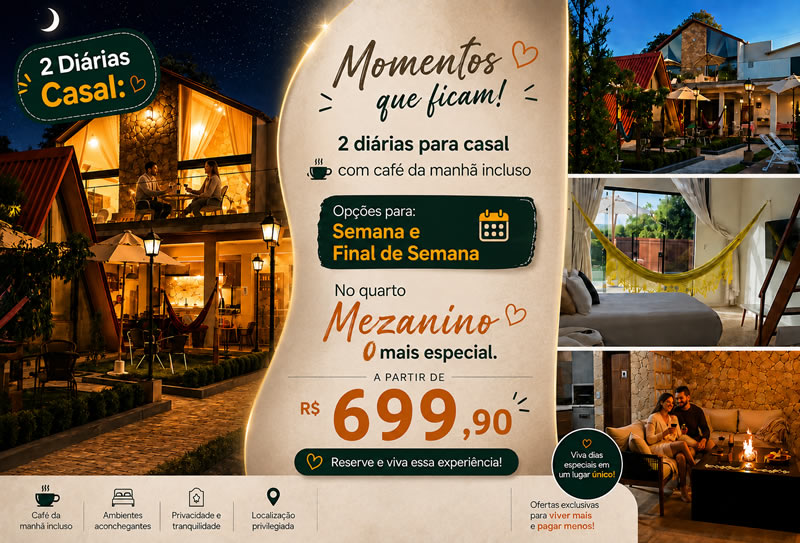Villa Suíça Ibiapaba traz Duas Díaria Casal em: Mezanino Suiço + Café da manhã a partir de R$699,90.