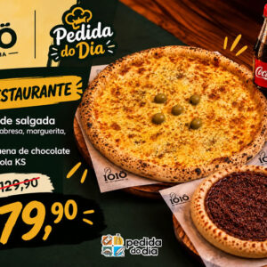 Ioiô Restaurante Pizza grande salgada (mussarela, calabresa, marguerita, portuguesa) + pizza pequena de chocolate + 02 coca-cola KS De R$129,90 Por R$79,90.