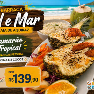 Barraca Sol e Mar Praia de Aquiraz com Camarão tropical para duas pessoas + Piscina e 2 cocos de R$199,90 Por R$139,90.