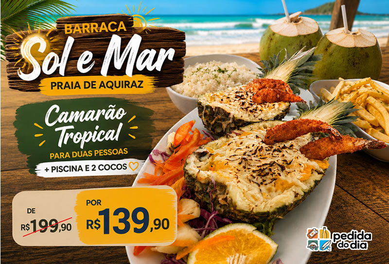 Barraca Sol e Mar Praia de Aquiraz com Camarão tropical para duas pessoas + Piscina e 2 cocos de R$199,90 Por R$139,90.
