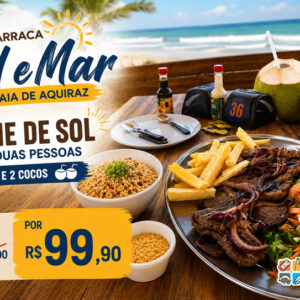 Barraca Sol e Mar Praia de Aquiraz com Carne de Sol completa para duas pessoas + Piscina de R$129,90 Por R$99,90.