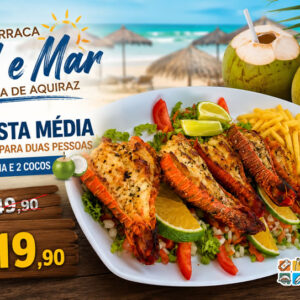 Barraca Sol e Mar Praia de Aquiraz com Lagosta média completa para duas pessoas + Piscina e 2 cocos de R$149,90 Por R$119,90.